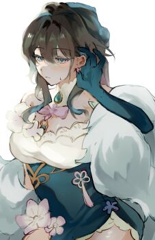 Rule 34 | 1girl, aqua eyes, black hair, bow, breasts, cleavage, collar, commentary, dress, elbow gloves, floral print, fur trim, gloves, hair behind ear, hand up, highres, honkai: star rail, honkai (series), long hair, off shoulder, official alternate costume, ruan mei (honkai: star rail), ruan mei (plumblossom letter) (honkai: star rail), simple background, single elbow glove, sweatdrop, tassel, two-tone dress, ux41ye