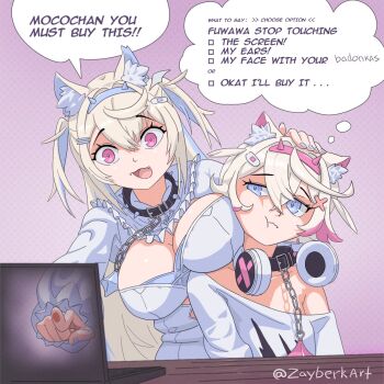 2girls :t animal_ears bandaid bandaid_hair_ornament bare_shoulders blonde_hair blue_eyes blue_hair breasts chain cleavage cleavage_cutout clothing_cutout collar computer dog_ears english_text fang fuwawa_abyssgard fuwawa_abyssgard_(1st_costume) hair_intakes hair_ornament hairclip hand_on_another&#039;s_head headphones headphones_around_neck highres hololive hololive_english laptop large_breasts long_hair mococo_abyssgard mococo_abyssgard_(1st_costume) multicolored_hair multiple_girls nail_polish off_shoulder open_mouth pink_eyes pink_hair short_hair siblings sisters skin_fang smile spiked_collar spikes streaked_hair twins two_side_up upper_body virtual_youtuber zayberk