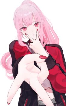 1girl absurdres black_pants commentary_request head_tilt highres hololive hololive_english jacket long_hair midriff mori_calliope mori_calliope_(streetwear) nail_polish nanairo_rei outstretched_hand pants pink_eyes pink_hair ponytail red_jacket red_nails shirt simple_background smile solo v white_background white_shirt