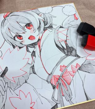 Rule 34 | 1girl, blush, breasts, commentary request, detached sleeves, hat, hauchiwa, highres, japanese clothes, kimono, kourindou tengu costume, looking at viewer, medium hair, moni monico, obi, obijime, official alternate costume, open mouth, pelvic curtain, photo (medium), pointy ears, pom pom (clothes), red eyes, red hat, sash, shameimaru aya, shikishi, side slit, small breasts, smile, solo, tokin hat, touhou, traditional media, wings