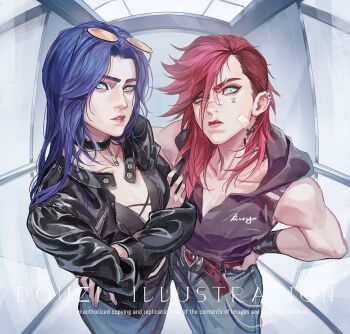 2girls arcane:_league_of_legends arcane_caitlyn arcane_vi biceps black_coat black_jacket black_shirt blue_hair caitlyn_(league_of_legends) coat collarbone commentary_request cowboy_shot crossed_arms ear_piercing earclip eyewear_on_head face_piercing facial_tattoo freckles glasses hand_on_own_hip hood hood_down hooded_shirt jacket league_of_legends looking_at_viewer medium_hair multiple_girls muscular muscular_female neck_tattoo nose_piercing piercing red_hair red_lips rennerdouz roman_numeral shirt sleeveless sleeveless_shirt tattoo vi_(league_of_legends)