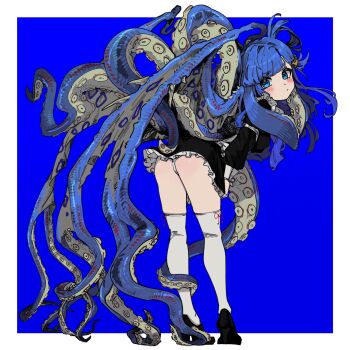 1girl anderson_m0311 asari_nanami ass blue_eyes blue_hair blush cephalopod_eyes dress hair_ornament high_heels highres idolmaster idolmaster_cinderella_girls long_hair long_sleeves looking_at_viewer looking_back maid panties pantyshot simple_background solo tentacle_hair tentacle_hair_ornament tentacles thighhighs underwear upskirt white_thighhighs