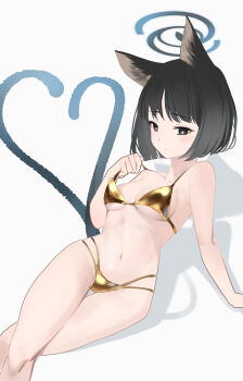 1girl animal_ears belly bikini black_eyes black_hair blue_archive blue_halo breasts cat_ears cat_girl cat_tail cleavage colored_inner_animal_ears commentary_request gold_bikini golden_week halo hand_on_floor heart_tail_duo highres kikyou_(blue_archive) kure_(kuremnn) layered_bikini medium_breasts multiple_tails navel on_floor short_hair solo strap_lift strap_pull swimsuit tail two_tails white_background