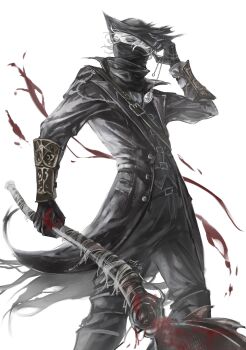 1other adjusting_clothes adjusting_headwear ajsaart arm_guards belt black_gloves black_shirt blood blood_on_clothes blood_splatter blood_stain bloodborne bloody_weapon blue_eyes coat commentary covered_mouth feet_out_of_frame gloves highres holding holding_pocket_watch holding_weapon hunter_(bloodborne) looking_at_viewer open_clothes open_coat pocket_watch popped_collar shirt short_hair solo standing symbol-only_commentary watch weapon white_hair