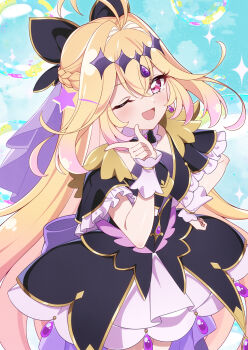 Rule 34 | 1girl, ;d, antenna hair, back bow, black bow, black bowtie, black capelet, black dress, blonde hair, bow, bowtie, brooch, capelet, cowboy shot, cure arcana shadow, diamond hairband, dress, earrings, frilled cuffs, frilled hairband, frills, gradient hair, hair bow, hair intakes, hairband, hand on own hip, heart, heart brooch, index finger raised, jewelry, large bow, long hair, looking at viewer, magical girl, medium dress, meitantei precure!, multicolored hair, one eye closed, open mouth, paid reward available, precure, psd available, purple bow, purple eyes, purple veil, rin ateria, smile, solo, standing, star (symbol), veil