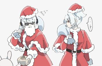 2girls alternate_costume anby_demara bag bangboo_(zenless_zone_zero) closed_mouth expressionless gift_bag giving grey_background grey_hair hat highres holding holding_bag looking_at_another looking_to_the_side multiple_girls netsu_0716 orange_eyes santa_costume santa_hat sidelocks soldier_11_(zenless_zone_zero) speech_bubble sunglasses zenless_zone_zero