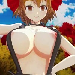 1girl 3d aki_minoriko animated arms_up breasts brown_eyes brown_hair cleavage dancing hands_on_own_hips large_breasts looking_at_viewer mofumoko5 naked_suspenders navel nipple_slip nipples panties pantyshot short_hair sideboob skirt solo suspenders tagme topless_female touhou underwear video