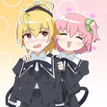 2girls :d ^_^ ahoge ando_tazusa arms_at_sides assault_lily behind_another black_ribbon black_skirt blonde_hair blush bright_pupils closed_eyes clover_hair_ornament commentary_request cropped_jacket four-leaf_clover_hair_ornament gradient_background hair_between_eyes hair_ornament hair_ribbon hands_on_another's_shoulders hands_up heart high-waist_skirt high_ponytail hitotsuyanagi_riri juliet_sleeves long_sleeves looking_at_another looking_to_the_side multiple_girls neck_ribbon nose_blush one_side_up open_mouth orange_background pink_background pink_hair ponytail puffy_sleeves purple_ribbon red_eyes ribbon school_uniform short_hair sideways_glance skirt smile two-tone_ribbon upper_body white_pupils yuri yurigaoka_girls_academy_school_uniform yuzuki_suzuha