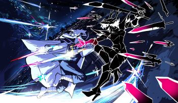 1boy 1girl alternate_form animal_ears armor asriel_dreemurr asriel_dreemurr_(god_of_hyperdeath) bandaged_leg bandages black_sclera breastplate cape colored_sclera december_holiday deltarune dual_wielding duel floating floating_object floating_sword floating_weapon full_body furry furry_male goat_boy goat_ears goat_horns heartbreak_juan helmet highres holding holding_sword holding_weapon horns open_mouth pauldrons shooting_star short_hair shoulder_armor sword utdr_(toby_fox) weapon white_cape white_hair