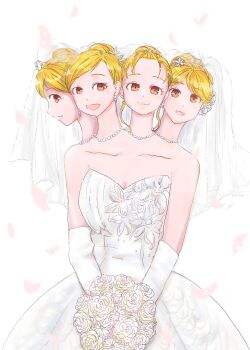 4girls absurdres blonde_hair bouquet conjoined dress flower highres multiple_girls multiple_heads quadruplets wedding_dress
