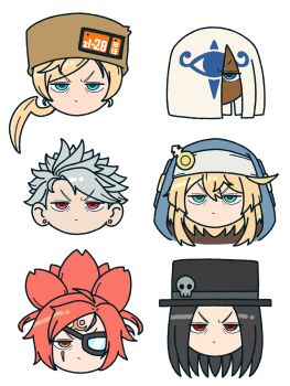 1other 2girls 3boys androgynous angry baiken black_hair blonde_hair blue_eyes bridget_(guilty_gear) chipp_zanuff dark-skinned_male dark_skin ear_piercing eyepatch fur_hat guilty_gear guilty_gear_strive hair_over_one_eye hat hat_ornament highres hood hood_up hooded_jacket jacket millia_rage multiple_boys multiple_girls nirade44 one-eyed orange_eyes orange_hair piercing prehensile_hair red_eyes scar scar_across_eye scar_on_face simple_background skull_hat_ornament testament_(guilty_gear) top_hat trap venom_(guilty_gear) white_background white_hair