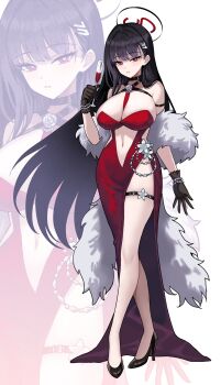 1girl absurdres black_gloves black_hair black_halo blue_archive breasts champagne_flute cleavage commentary_request cup dress drinking_glass evening_gown full_body gloves halo high_heels highres holding holding_cup kyundoo large_breasts long_hair looking_at_viewer red_dress rio_(blue_archive) solo thigh_strap very_long_hair white_background zoom_layer