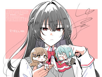 Rule 34 | > <, 3girls, black hair, blue hair, bow, bowtie, braid, brown eyes, brown hair, brown skirt, closed eyes, commentary, dress shirt, fang, grey sweater vest, half up braid, koto satsuki, koyanagi kaho, long hair, long sleeves, medium hair, mini person, multiple girls, open mouth, red bow, red bowtie, red eyes, sena ajisai, shirt, signature, skin fang, skirt, sweater vest, translation request, watashi ga koibito ni nareru wake naijan murimuri!, yuama