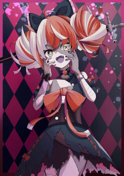 Rule 34 | 1girl, absurdres, ahoge, black bow, black dress, black nails, bow, colored skin, commentary request, cross-shaped pupils, diamond-shaped pupils, diamond (shape), double bun, dress, fangs, gradient eyes, green eyes, grey skin, hair bow, hair bun, highres, hololive, hololive indonesia, kureiji ollie, kureiji ollie (1st costume), looking at viewer, medium hair, multicolored eyes, nail polish, open mouth, patchwork skin, pink streaks, red eyes, red hair, smile, solo, sword, symbol-shaped pupils, torn clothes, torn dress, weapon, yellow eyes, yuni animal (remyi 3), zombie