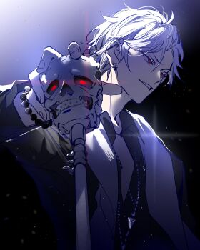 1boy aohitsugi_samatoki bead_bracelet beads black_shirt bone bracelet cane collared_shirt earrings glint glowing glowing_eyes highres holding holding_cane hypnosis_mic jewelry long_sleeves looking_at_viewer looking_to_the_side male_focus necklace necktie parted_lips red_eyes scarf shirt short_hair shuiyiyaogong skeleton skull smile solo teeth upper_body white_hair white_necktie white_scarf