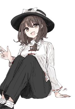 Rule 34 | 1girl, :d, black hat, black pants, bow, brown eyes, brown hair, commentary request, hair bow, hand rest, hat, hat bow, highres, kashiwada kiiho, legs together, legs up, long sleeves, looking at viewer, medium hair, open mouth, pants, ribbon-trimmed sleeves, ribbon trim, shirt, shoes, signature, sitting, smile, socks, solo, touhou, usami renko, white background, white bow, white shirt, white socks