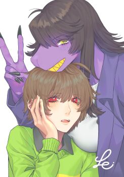 1boy 1girl breasts brown_hair colored_skin deltarune highres kris_(deltarune) long_hair monster_girl okayu326 purple_skin red_eyes sharp_nails sharp_teeth short_hair size_difference susie_(deltarune) teeth undertale utdr_(toby_fox) v yellow_eyes