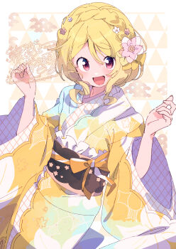 Rule 34 | 1girl, :d, blonde hair, blush, braid, commentary request, cowboy shot, dot nose, flower, hair between eyes, hair flower, hair ornament, hands up, highres, japanese clothes, kimono, long sleeves, looking at viewer, magia record: mahou shoujo madoka magica gaiden, mahou shoujo madoka magica, multicolored kimono, obi, open mouth, red eyes, sash, serizawa serizane, short hair, smile, solo, togame momoko, watermark, white kimono, wide sleeves, yellow kimono