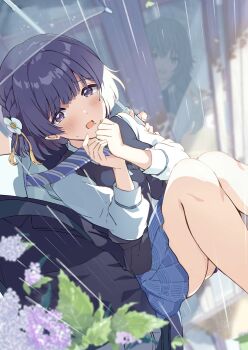 1boy 2girls black_jacket black_vest blue_skirt blunt_bangs blurry blurry_background blush bob_cut carrying carrying_person clothes_grab commentary_request depth_of_field dress_shirt flower gakuen_idolmaster hair_flower hair_ornament hands_up hataya_misuzu hatsuboshi_gakuen_school_uniform highres holding holding_umbrella idolmaster jacket knees_up long_sleeves looking_at_viewer looking_outside mole mole_under_mouth multiple_girls necktie necktie_grab neckwear_grab nyorotono_(amafurashi) open_mouth out_of_frame outdoors pleated_skirt princess_carry producer_(idolmaster) purple_eyes purple_hair rain school_uniform shirt short_hair skirt small_sweatdrop transparent transparent_umbrella tsukimura_temari umbrella vest white_flower white_shirt window