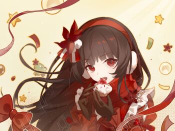 1girl alternate_costume black_gloves black_hair blunt_bangs chinese_commentary christmas christmas_tree commentary_request cupcake earmuffs flower food gloves hair_flower hair_ornament hands_up highres holding holding_food long_hair long_sleeves looking_at_viewer mahou_shoujo_no_majo_saiban nikaido_hiro open_mouth qiannie red_eyes red_flower red_ribbon ribbon solo star_(symbol) upper_body