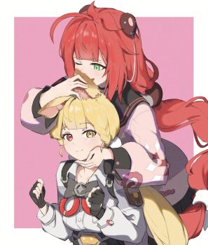 2girls aina_(alianglian91929) alice_thymefield animal_ears belt black_gloves black_sailor_collar black_skirt blonde_hair blush border braid braided_twintails cardigan chest_bow closed_mouth collarbone fingerless_gloves gloves grabbing_from_behind green_eyes hair_ornament hand_on_another&#039;s_chin hand_on_another&#039;s_ear hashtag-only_commentary hearing_aid heterochromia highres long_hair looking_at_another looking_at_viewer multiple_girls one_eye_closed open_mouth pink_background pink_cardigan rabbit_ears rabbit_girl red_eyes red_hair sailor_collar shirt skirt smile sphere_hair_ornament twintails ukinami_yuzuha white_border white_shirt yellow_eyes zenless_zone_zero