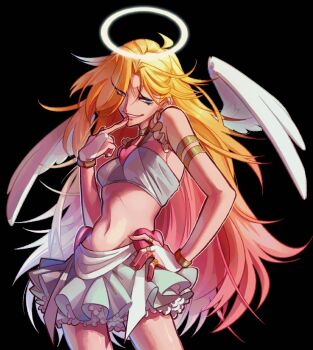 1girl angel angel_wings black_background blonde_hair blue_eyes breasts brooch crop_top dress earrings feathered_wings fingernails halo heart heart_brooch highres jewelry kerbeyoshu long_hair looking_at_viewer medium_breasts midriff miniskirt multicolored_hair nail_polish navel panty_&amp;_stocking_with_garterbelt panty_(psg) red_nails simple_background skirt smile solo teeth thighhighs thighs traditional_halo two-tone_hair wings