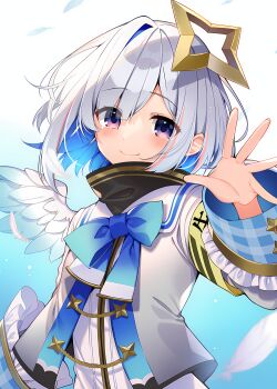 1girl amane_kanata amane_kanata_(1st_costume) angel angel_wings armband asymmetrical_bangs asymmetrical_hair bell_sleeves blue_bow blue_bowtie blue_eyes blue_hair blue_socks blush bob_cut bow bowtie closed_mouth colored_inner_hair commentary_request feathered_wings frilled_sleeves frills gradient_eyes grey_hair hair_between_eyes hair_over_one_eye halo highres hololive jacket kuronekoron long_sleeves looking_at_viewer medium_hair miniskirt multicolored_eyes multicolored_hair parted_bangs pink_hair purple_eyes short_hair single_hair_intake skirt sleeves_past_wrists sleeves_rolled_up smile socks solo star_halo streaked_hair striped_clothes turtleneck upper_body virtual_youtuber white_jacket white_wings wings