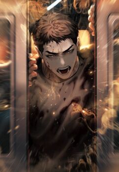 Rule 34 | 1boy, bags under eyes, black hair, black shirt, blackbox (blackbox9158), blood, blood splatter, furrowed brow, highres, lee hyunsung, male focus, motion lines, official art, omniscient reader's viewpoint, opening door, red eyes, screaming, shirt, short hair, solo, third-party source, train interior