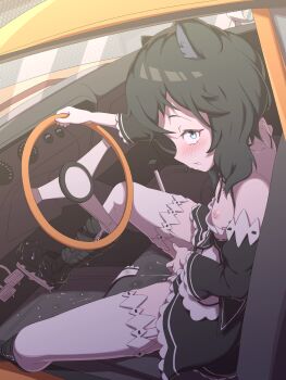 1girl animal_ears black_dress black_hair blue_eyes blush boots breasts car car_interior cat_ears cat_girl dress female_ejaculation female_focus female_masturbation fingering fran_(tensei_shitara_ken_deshita) loli looking_at_viewer masturbation motor_vehicle nipples pussy_juice rockset sitting small_breasts solo spread_legs steering_wheel tensei_shitara_ken_deshita thighhighs white_thighhighs