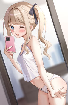 1girl blonde_hair blue_eyes blush breasts camisole commentary_request covered_erect_nipples from_side hair_ornament highres holding holding_phone indoors long_hair looking_at_viewer mirror_selfie navel no_pants one_eye_closed open_mouth original paid_reward_available panties phone pink_panties reflection reflection_focus see-through_silhouette selfie shiori_(thalia) side_ponytail small_breasts smile solo thalia thighs underwear white_camisole