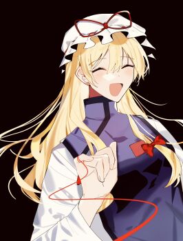 1girl black_background blonde_hair blush bow breasts closed_eyes commentary_request dress facing_viewer gawa_(floor_ok_) hair_bow hat hat_ribbon highres long_hair long_sleeves medium_breasts mob_cap open_mouth purple_tabard red_bow red_ribbon ribbon simple_background smile solo string string_of_fate tabard touhou white_dress wide_sleeves yakumo_yukari