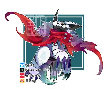 Rule 34 | border, cape, digimon, digimon (creature), dragon, full body, green background, hackmon (digimon), highres, horns, no humans, red cape, single horn, solo, watermark, white border, yellow eyes, youzaiyouzai112