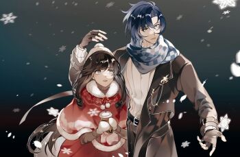 Rule 34 | 1boy, 1girl, beanie, belt, belt buckle, black background, black belt, black coat, black gloves, black pants, blue background, blue eyes, blue hair, blue scarf, bubble tea, buckle, checkered clothes, checkered scarf, chinese commentary, clarence clayden, clarence clayden (corridor of fate), coat, commentary request, cowboy shot, cup, curtained hair, disposable cup, fingerless gloves, fur-trimmed poncho, gloves, gradient background, grey eyes, grey sweater, hair between eyes, hand up, hat, heroine (lovebrush chronicles), highres, holding, holding cup, lapel pin, lapels, long hair, long sleeves, looking to the side, looking up, lovebrush chronicles, low-tied sidelocks, mittens, mole, mole under eye, notched lapels, open clothes, open coat, open hand, pants, parted lips, pom pom (clothes), pom pom beanie, red lips, red poncho, red skirt, scarf, shielding, short hair, sidelocks, skirt, smile, snowflakes, snowing, standing, sweater, swept bangs, turtleneck, turtleneck sweater, wangulongdong, white hat, white mittens, white sweater, winter clothes