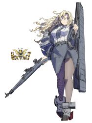 Rule 34 | 1girl, belt, black jacket, black necktie, black pantyhose, black skirt, blonde hair, bomber jacket, breasts, character name, closed mouth, collared shirt, commentary request, dress shirt, full body, grey eyes, gun, highres, holding, holding gun, holding weapon, hornet (kancolle), jacket, kantai collection, large breasts, long hair, necktie, open clothes, open jacket, oso (toolate), pantyhose, pencil skirt, rigging, shirt, simple background, sketch, skirt, solo, wasp, weapon, weapon case, white shirt