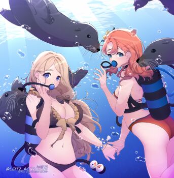 2girls absurdres alternate_costume annette_fantine_dominic ass bare_shoulders bikini black_bikini blonde_hair blue_eyes bow breasts brown_bikini cleavage diving_regulator fire_emblem fire_emblem:_three_houses fire_emblem_heroes frilled_bikini frills highres large_breasts leitz_acaroline long_hair looking_at_viewer mercedes_von_martritz mercedes_von_martritz_(summer) multiple_girls navel nintendo official_alternate_costume orange_bikini orange_hair oxygen_tank scuba scuba_gear scuba_tank seal_(animal) short_hair stomach swimsuit underwear water