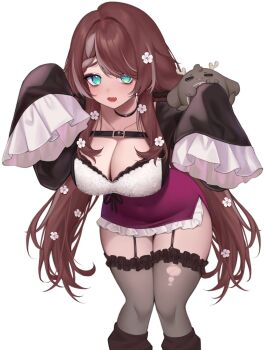 Rule 34 | 1girl, @ @, black choker, black garter straps, breasts, brown hair, choker, cleavage, collarbone, flower, garter straps, grey hair, hair flower, hair ornament, highres, indie virtual youtuber, leaning forward, long hair, multicolored hair, natch imaycz, parsley (sugi aoki), second-party source, sleeves past fingers, sleeves past wrists, solo, streaked hair, sugi aoki, thighhighs, torn clothes, torn thighhighs, virtual youtuber, white flower