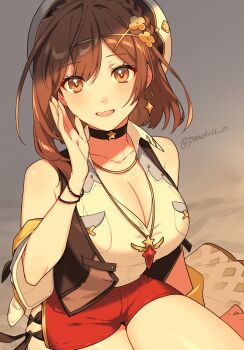 atelier_(series) black_choker breasts brown_eyes brown_hair choker cleavage earrings hat highres jewelry large_breasts reisalin_stout shamu_(peach11_01) short_hair shorts thick_thighs thighs