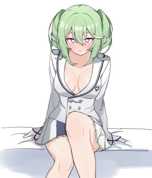 1girl absurdres arm_at_side arm_support blush breasts bright_pupils commentary double-parted_bangs feet_out_of_frame green_hair hair_between_eyes highres jacket knee_up korean_commentary large_breasts light_smile long_bangs long_sleeves maksagwa medium_hair miniskirt multicolored_eyes no_bra parted_lips simple_background sitting skirt sleeves_past_wrists small_sweatdrop solo stellive twintails two-tone_eyes variant_set virtual_youtuber white_background white_jacket white_pupils white_skirt yuzuha_riko