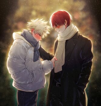 2boys bakugou_katsuki black_coat blonde_hair blurry blurry_background blush boku_no_hero_academia christmas christmas_tree coat commentary_request cow furrowed_brow grey_scarf hair_between_eyes highres lidi6 looking_at_another male_focus multiple_boys parted_lips puffy_coat red_hair scar scar_across_eye scar_on_face scarf scarf_pull short_hair spiked_hair todoroki_shoto white_coat white_hair white_scarf yaoi
