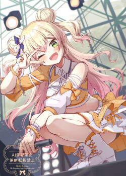 1girl ;d absurdres ankle_boots ankle_socks bike_shorts bike_shorts_under_skirt blonde_hair blush boots bracelet breasts collared_shirt cropped_shirt detached_sleeves double-parted_bangs double_bun fang fingernails full_body gradient_hair green_eyes hair_bun hair_ribbon highres holding holding_microphone hololive hololive_idol_uniform_(color_rise) idol idol_clothes jewelry lace-up_boots long_hair medium_breasts microphone midriff miniskirt momosuzu_nene multicolored_hair multicolored_shirt official_alternate_costume one_eye_closed open_mouth orange_overskirt orange_shirt orange_skirt orange_socks overskirt pink_hair platform_boots platform_heels ribbon shirt side_up_bun single_bare_shoulder single_detached_sleeve single_sleeve skin_fang skirt smile socks solo sonnamonaka squatting stage stage_lights two_side_up v v_over_eye virtual_youtuber watermark white_shirt white_skirt