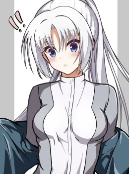 Rule 34 | !, !!, 1230 mochi, 1girl, blue eyes, blush, breasts, commentary request, eyes visible through hair, green jacket, grey shirt, highres, jacket, jacket partially removed, large breasts, long hair, looking at viewer, open mouth, parted bangs, ponytail, school uniform, senren banka, shirt, simple background, solo, surprised, tomotake yoshino, two-tone shirt, undressing, upper body, very long hair, white background, white hair, white shirt