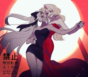 2girls arm_around_waist bare_legs black_bow black_dress black_nails bow charlie_morningstar colored_sclera colored_skin commentary_request couple dancing dress grey_skin hair_bow hazbin_hotel hellaverse highres holding_hands long_dress long_hair multi-tied_hair multiple_girls muukuuchiunu pink_sclera ponytail red_eyes short_dress smile strapless strapless_dress thighs vaggie very_long_hair white_skin yellow_eyes yellow_sclera yuri