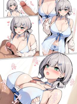 1boy 1girl :d bare_shoulders blue_shorts blush breasts censored cleavage clothed_female_nude_male commentary erection green_eyes grey_hair hair_ornament hairclip hanpenmaru heart hetero highres hololive jacket large_breasts long_sleeves mosaic_censoring nude off_shoulder official_alternate_costume open_mouth penis shirogane_noel shirogane_noel_(9th_costume) short_shorts shorts smile symbol-only_commentary virtual_youtuber white_background white_jacket