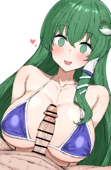 1boy 1girl absurdres bar_censor bikini blue_bikini breasts censored commentary_request erection frog_hair_ornament green_eyes hair_ornament heart hetero highres kochiya_sanae kumiyabe large_breasts long_hair looking_at_penis open_mouth penis penis_awe simple_background smile snake_hair_ornament solo_focus swimsuit touhou upper_body veins veiny_penis white_background