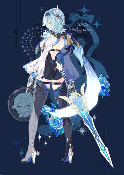 1girl ass backless_outfit black_boots black_hairband black_unitard blue_hair blue_necktie blue_scarf boots closed_eyes commentary_request dated eula_(genshin_impact) from_behind full_body genshin_impact greatsword hair_ornament hairband happy_birthday high_heels highres holding holding_sword holding_weapon karaage_ha_315 long_sleeves necktie scarf solo song_of_broken_pines_(genshin_impact) sword thigh_boots weapon white_sleeves