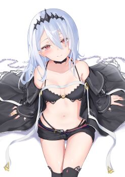 1girl arm_support bare_shoulders bikini black_jacket black_shorts blush breasts choker closed_mouth collarbone eyewear_on_head hair_between_eyes highres jacket kinakollll long_hair long_sleeves looking_at_viewer navel ongeki open_clothes open_fly red_eyes short_shorts shorts sitting small_breasts smile solo stomach sumeragi_setsuna swimsuit thighhighs thighs white_background