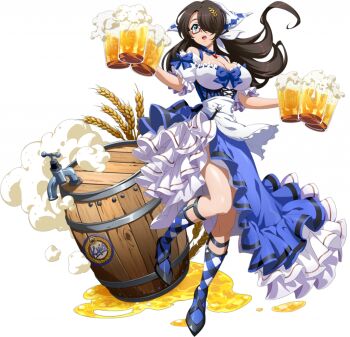 1girl alcohol apron argyle_clothes argyle_socks bare_shoulders barmaid barrel beer beer_keg beer_mug black_shoes blue_bodice blue_choker blue_dress blue_eyes blue_ribbon blue_socks bodice breasts brooch brown_hair choker cleavage cup detached_sleeves dirndl dress floating_clothes floating_hair foam frilled_dress frills full_body game_cg german_clothes glass hair_ornament hair_over_one_eye headscarf high_heels holding holding_cup huge_breasts jewelry langrisser langrisser_mobile langrisser_re:incarnation leg_up legs legwear_garter long_hair looking_at_viewer mariel_(langrisser) mini_eyewear mug official_alternate_costume official_art open_mouth puffy_short_sleeves puffy_sleeves red-framed_eyewear ribbon semi-rimless_eyewear shoes short_sleeves side_slit simple_background socks solo spilled_drink standing standing_on_one_leg tachi-e third-party_source transparent_background two-sided_dress two-sided_fabric two-tone_dress under-rim_eyewear waist_apron wheat white_apron white_dress white_headscarf
