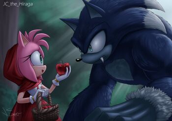 amy_rose apple basket blue_fur blue_hair cosplay fangs food forest fruit green_eyes jc_hrg little_red_riding_hood_(fairy_tale_character) little_red_riding_hood_(grimm)_(cosplay) loli lolita_fashion nature pink_fur pink_hair roleplay sega size_difference sonamy sonic_(series) sonic_the_hedgehog sonic_the_werehog tranformation warewolf werehog wolf