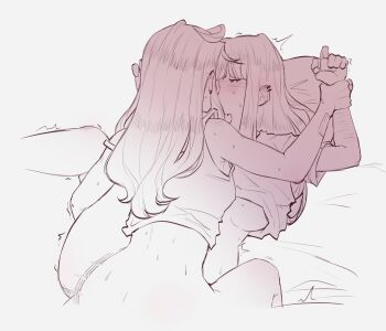 2girls bandaged_wrist bandages blush bottomless breasts clothes_lift commentary ear_blush ear_piercing english_commentary highres holding_another's_wrist kiss long_hair military_vehicle motion_blur motor_vehicle multiple_girls original piercing pockiseisont self-harm_scar shirt_lift sweat tank trembling tribadism underboob yuri