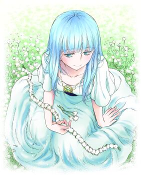 1girl ancient_ys_vanished aqua_eyes blue_hair border clover commentary_request dress feena_(ys) field flower flower_field fushimi_yuuri highres jewelry long_dress long_hair necklace on_ground sitting solo white_border white_clover white_dress white_flower ys
